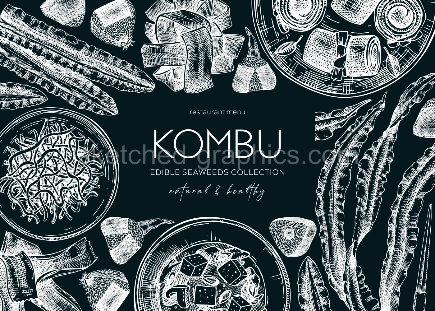 Hand-drawn Kombu banner design. Edible seaweed drawings on chalkboard. Sea vegetable illustrations. Healthy food vector background. Japanese cuisine. Trendy restaurant menu template Illustration